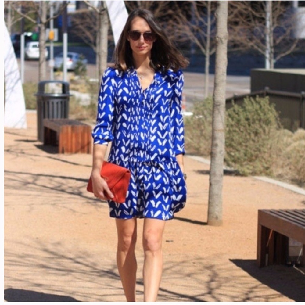 Anthropologie Maeve Blue and White Patterned Dress